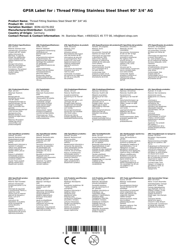 Menetes szerelvény rozsdamentes acél könyök 90° 3/4" külső menet-0