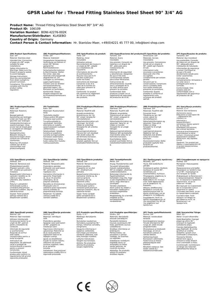 Menetes szerelvény rozsdamentes acél könyök 90° 3/4" külső menet-0