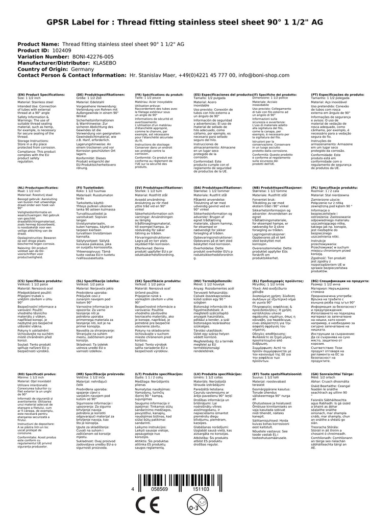 Menetes szerelvény rozsdamentes acél könyök 90° 1 1/2" AG-0