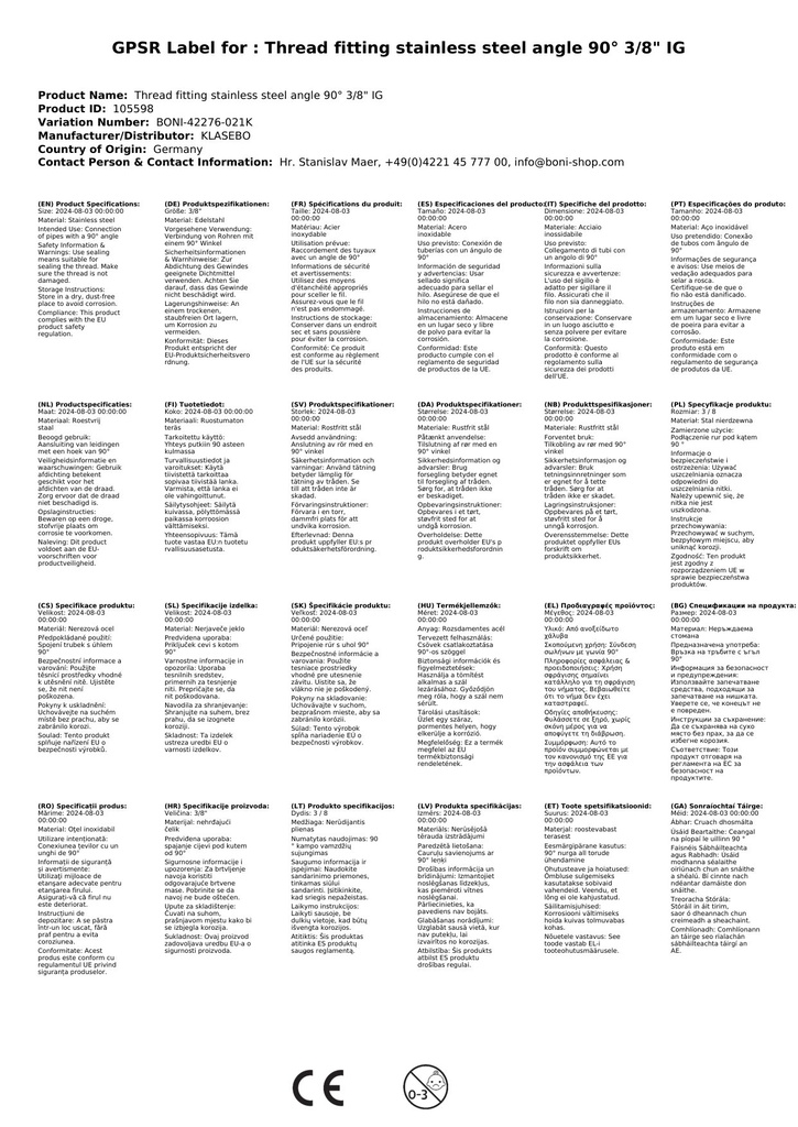 Menetes szerelvény rozsdamentes acél könyök 90° 3/8" BB-0