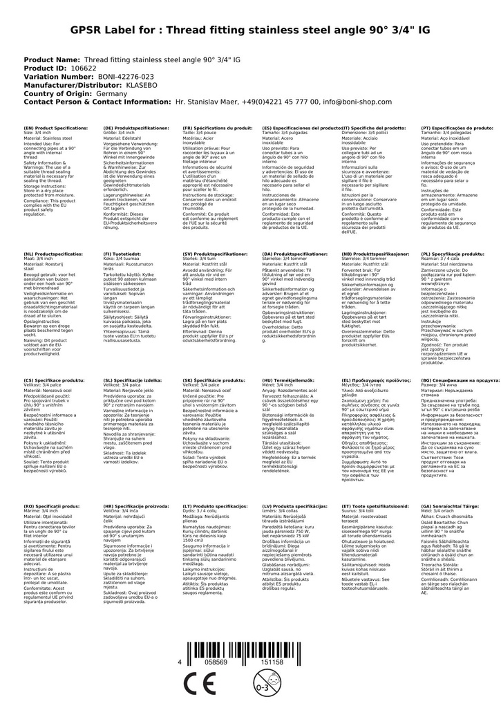 Menetes illesztés rozsdamentes acél könyök 90° 3/4" BB-0