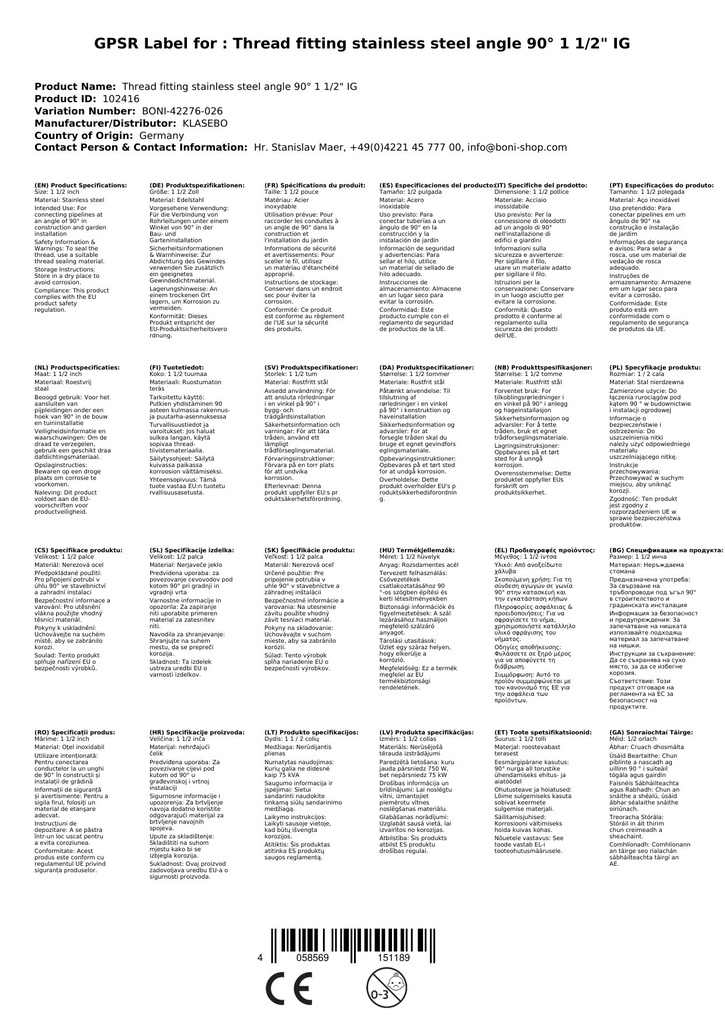 Menetes csatlakozó rozsdamentes acél könyök 90° 1 1/2" IG-0