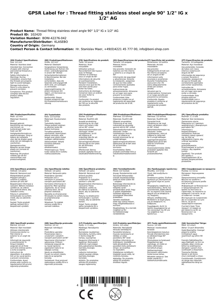 Menetes szerelvény rozsdamentes acél könyök 90° 1/2" IG x 1/2" AG-0