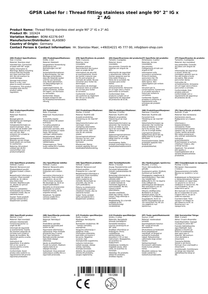 Menetes illesztés rozsdamentes acél könyök 90° 2" IG x 2" AG-0