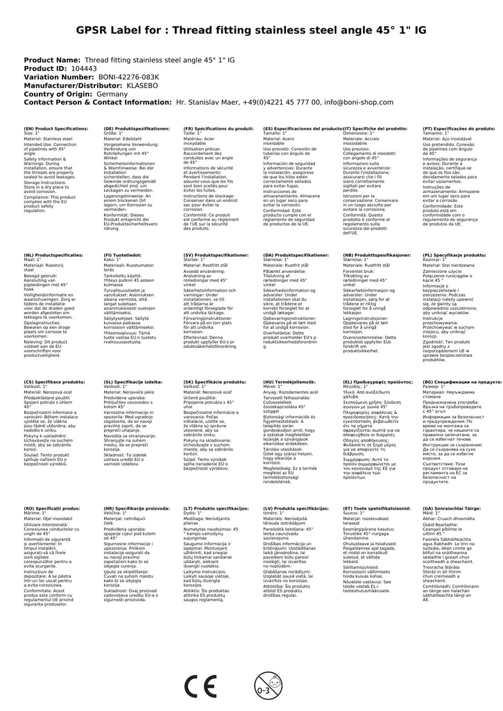 Menetes szerelvény rozsdamentes acél könyök 45° 1" belső menet-0