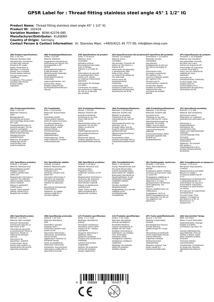 Menetes szerelvény rozsdamentes acél könyök 45° 1 1/2" BB-0