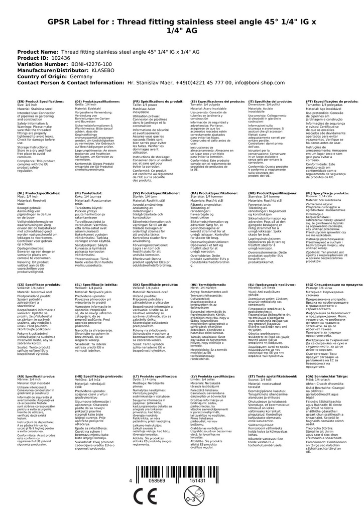 Menetes szerelvény rozsdamentes acél könyök 45° 1/4" BB x 1/4" KB-0