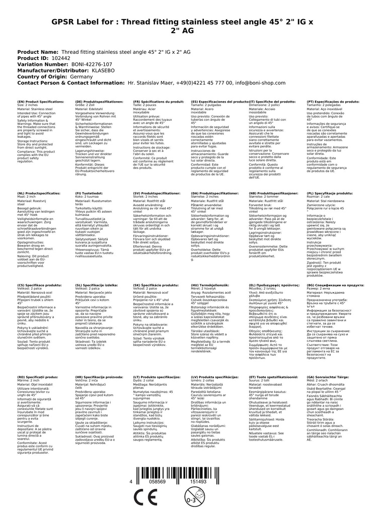 Menetes szerelvény rozsdamentes acél könyök 45° 2" BB x 2" KB-0