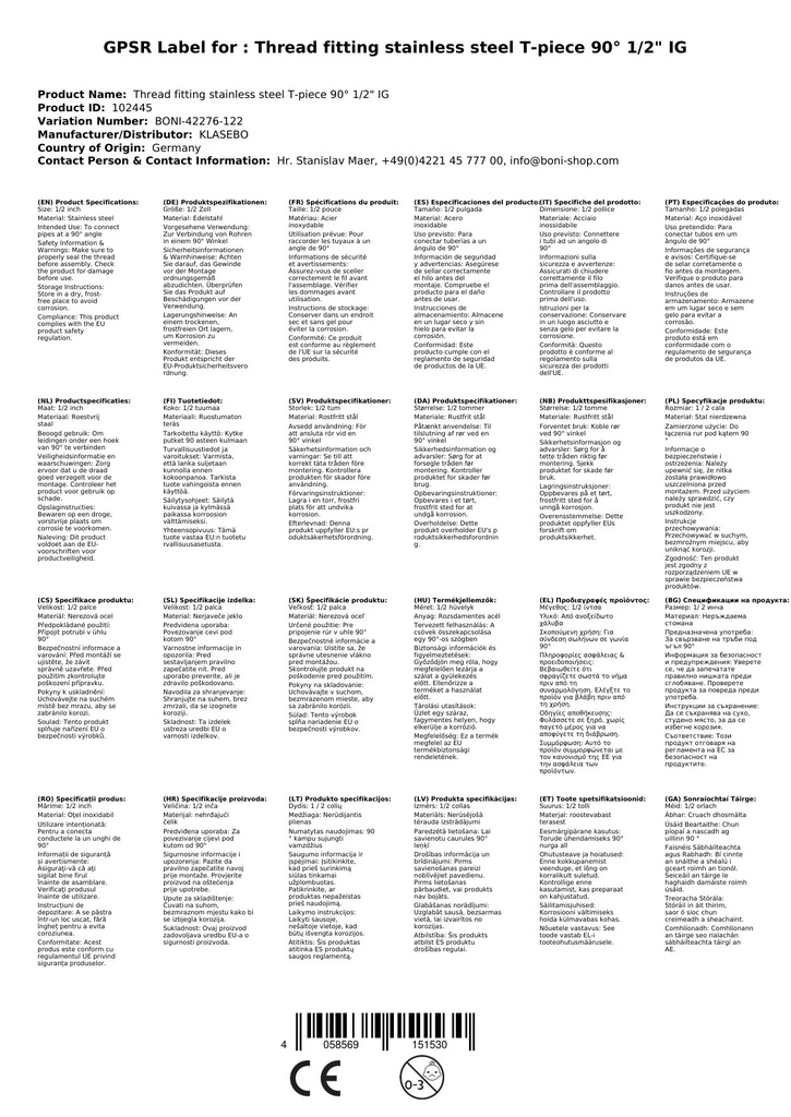 Menetes szerelvény rozsdamentes acél T-darab 90° 1/2" IG-0