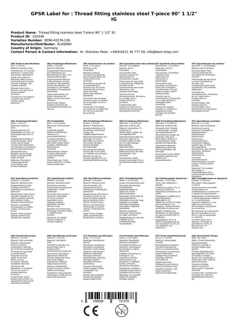 Menetes szerelvény rozsdamentes acél T-darab 90° 1 1/2" BB-0