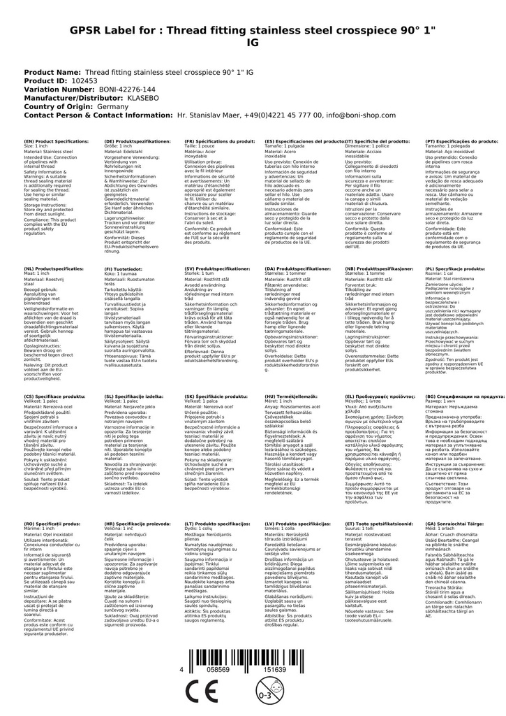 Menetes csatlakozó rozsdamentes acél keresztidom 90° 1" BB-0