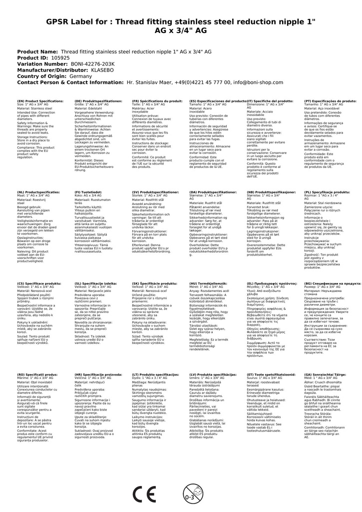 Menetes szerelvény rozsdamentes acél redukáló csatlakozó 1" AG x 3/4" AG-0