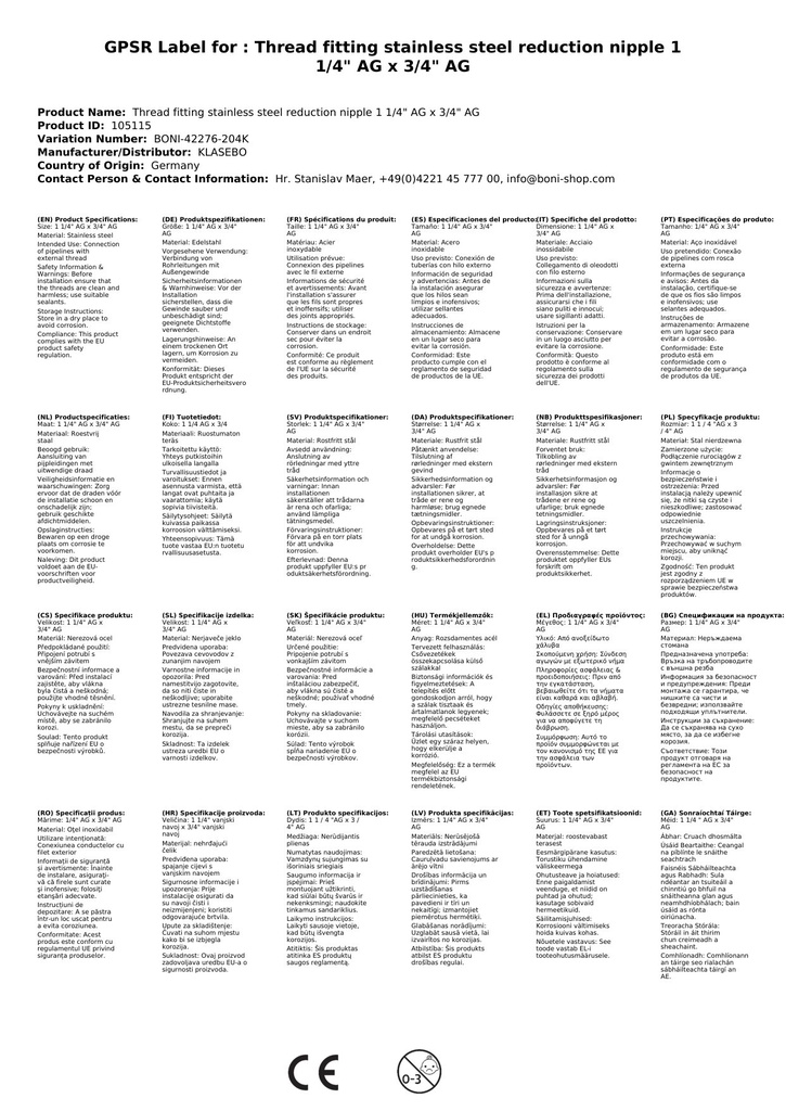 Menetes szerelvény rozsdamentes acél redukáló csatlakozó 1 1/4" AG x 3/4" AG-0