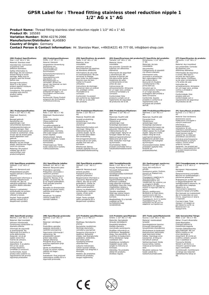 Menetes szerelvény rozsdamentes acél redukáló csatlakozó 1 1/2" AG x 1" AG-0