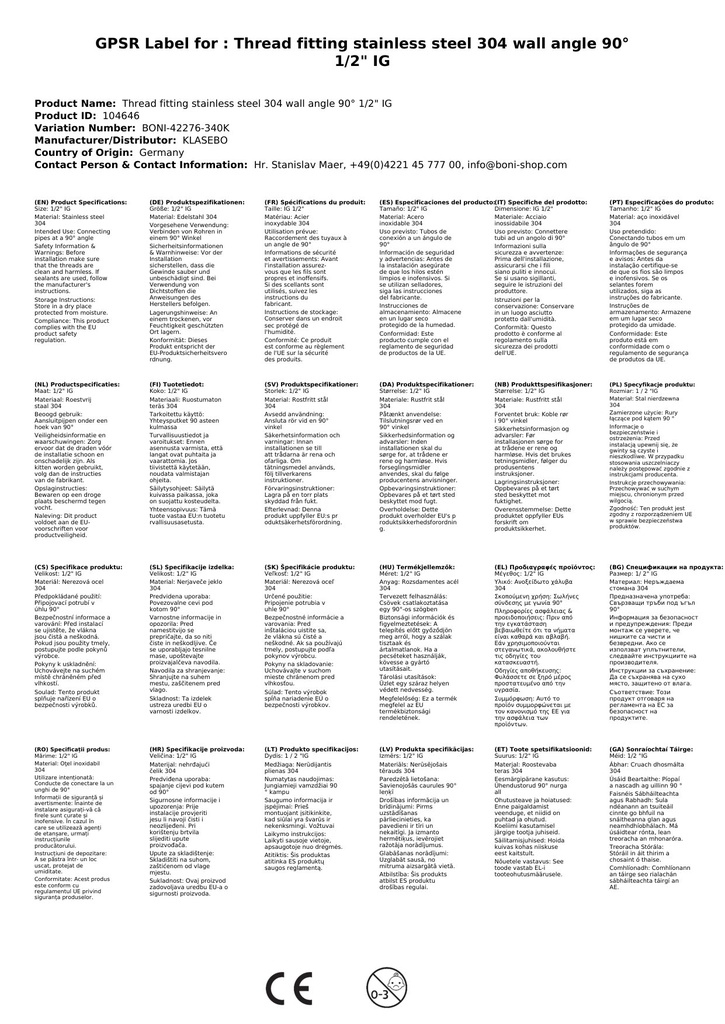 Menetes szerelvény rozsdamentes acél 304 fali könyök 90° 1/2" belső menet-0