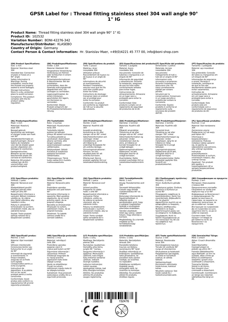 Menetes szerelvény rozsdamentes acél 304 fali könyök 90° 1" BB-0