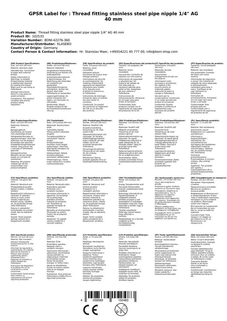 Menetes szerelvény rozsdamentes acél csőcsonk 1/4" AG 40 mm-0