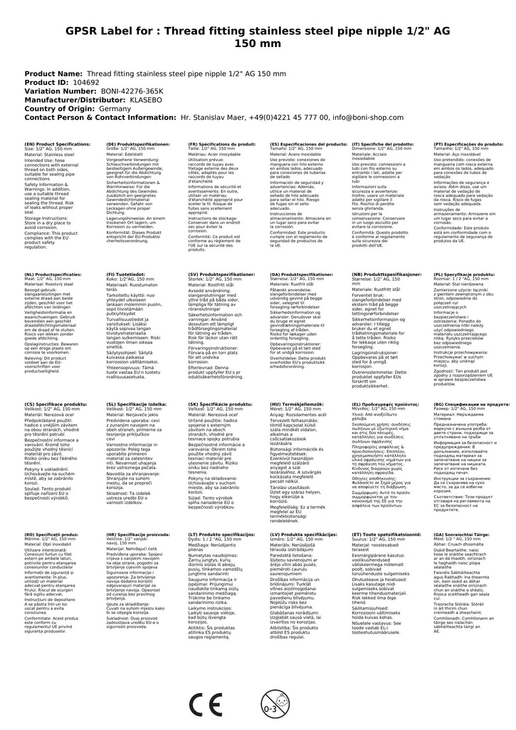 Menetes szerelvény rozsdamentes acél csőcsonk 1/2" AG 150 mm-0