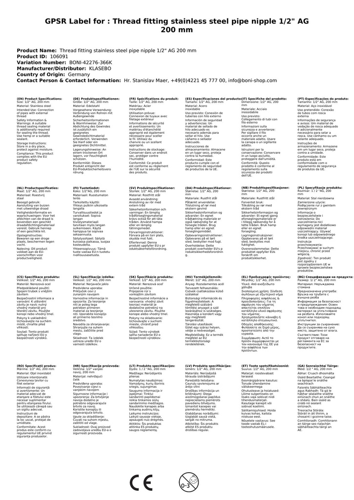 Menetes szerelvény rozsdamentes acél csőcsonk 1/2" AG 200 mm-0