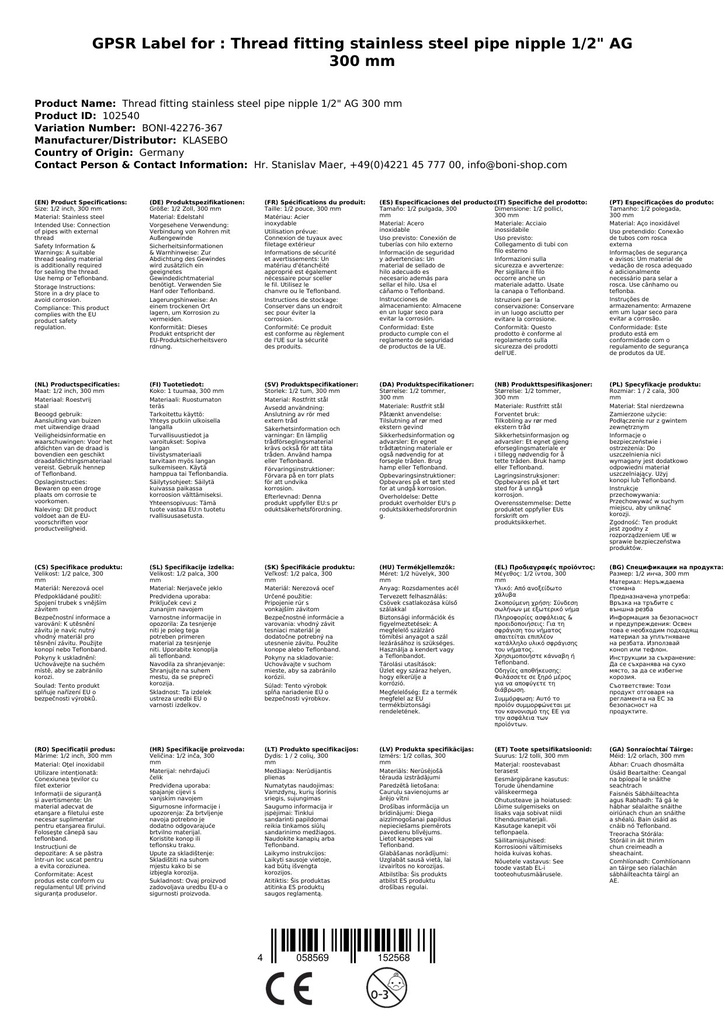 Menetes szerelvény rozsdamentes acél csőcsonk 1/2" AG 300 mm-0