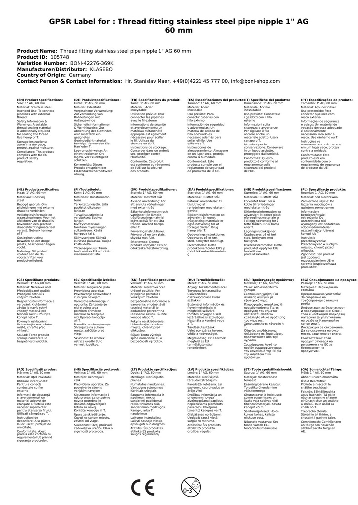 Menetes szerelvény rozsdamentes acél csőcsonk 1" AG 60 mm-0