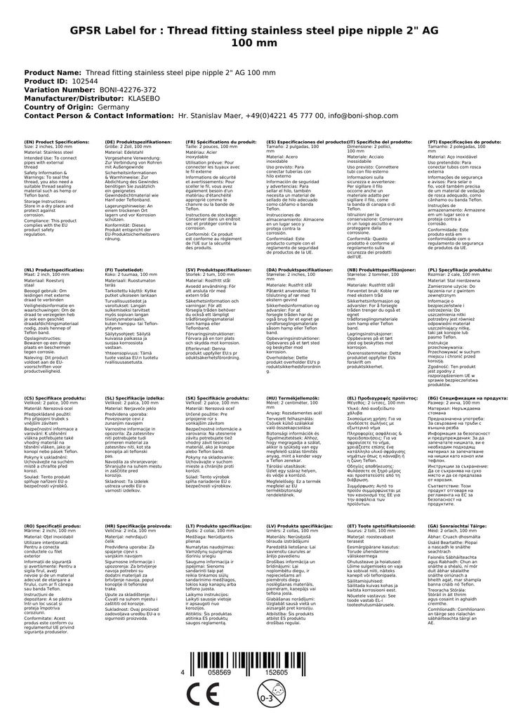 Menetes szerelvény rozsdamentes acél csőcsonk 2" külső menet 100 mm-0