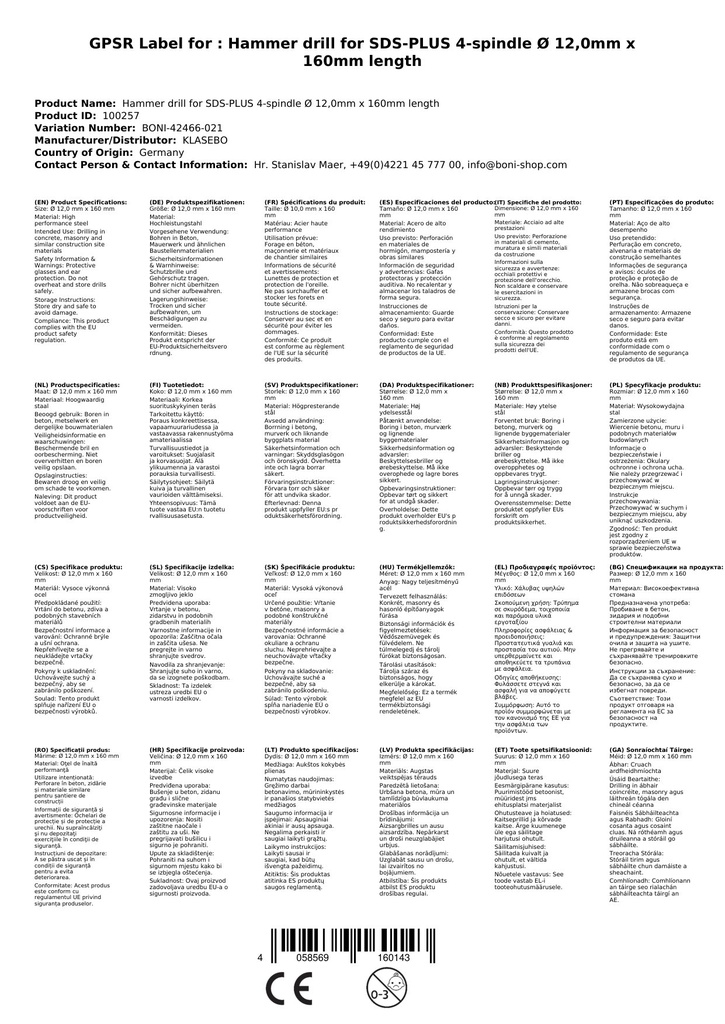 Kalapácsfúró SDS-PLUS 4-vágó Ø 12,0mm x 160mm hossz-2