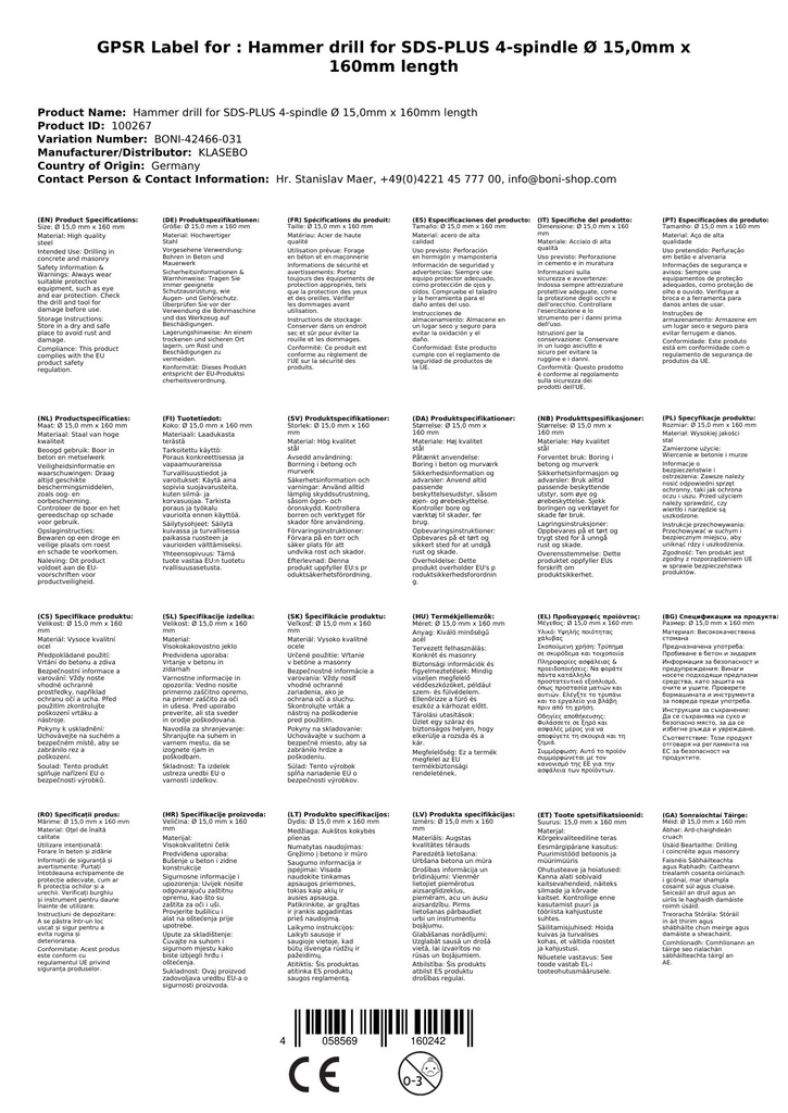 Kalapácsfúró SDS-PLUS 4-vágó Ø 15,0mm x 160mm hossz-2