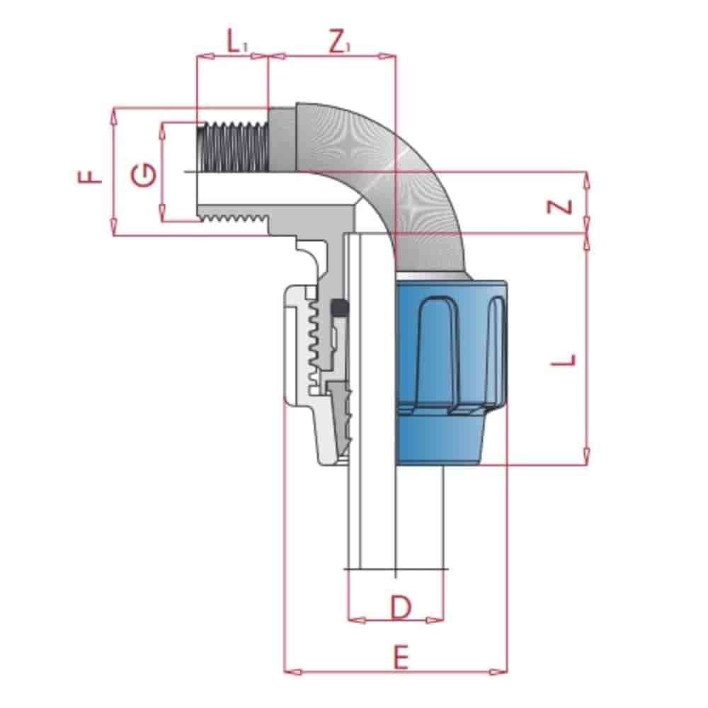 PP PE cső csatlakozás 90° könyök 40 x 1 1/2" AG-0