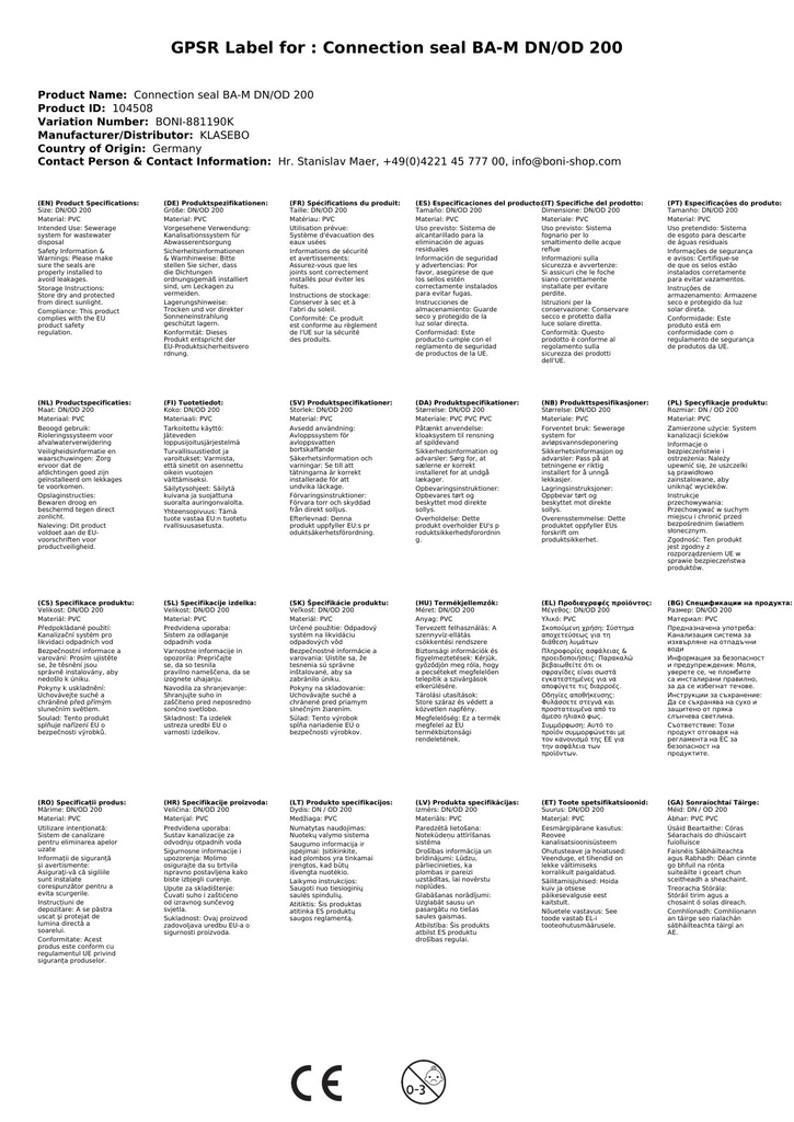 Csatlakozó tömítés BA-M DN/OD 200-2