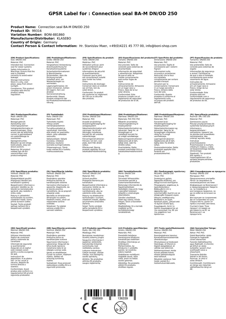 Csatlakozó tömítés BA-M DN/OD 250-2