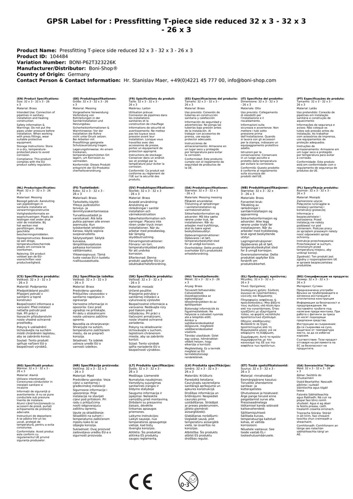 Préselhető T-idom csökkentett oldal 32 x 3 - 32 x 3 - 26 x 3-3