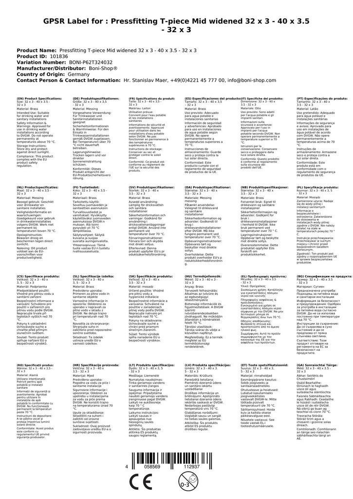 Présidomító T-darab középen bővített 32 x 3 - 40 x 3,5 - 32 x 3-3