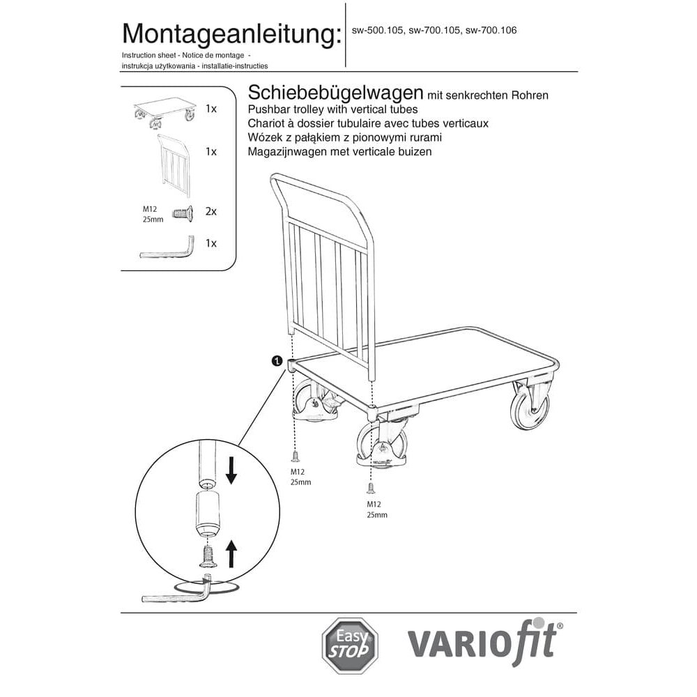 Tolókocsi 400 kg 4 függőleges cső Típus S + EasySTOP-0