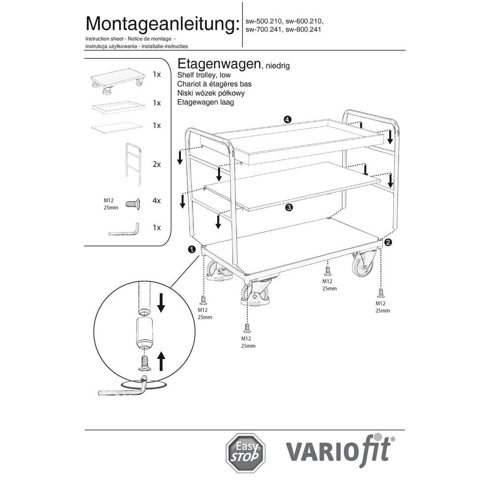 Többszintes kocsi 1 tálcával és 2 polccal 250 kg Típus S + EasySTOP-1