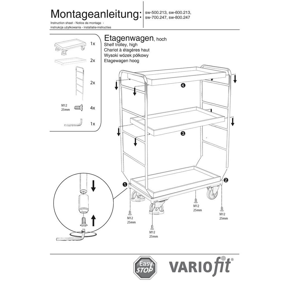 Magas polcos kocsi 3 tálcával 250 kg teherbírás Típus S + EasySTOP-1