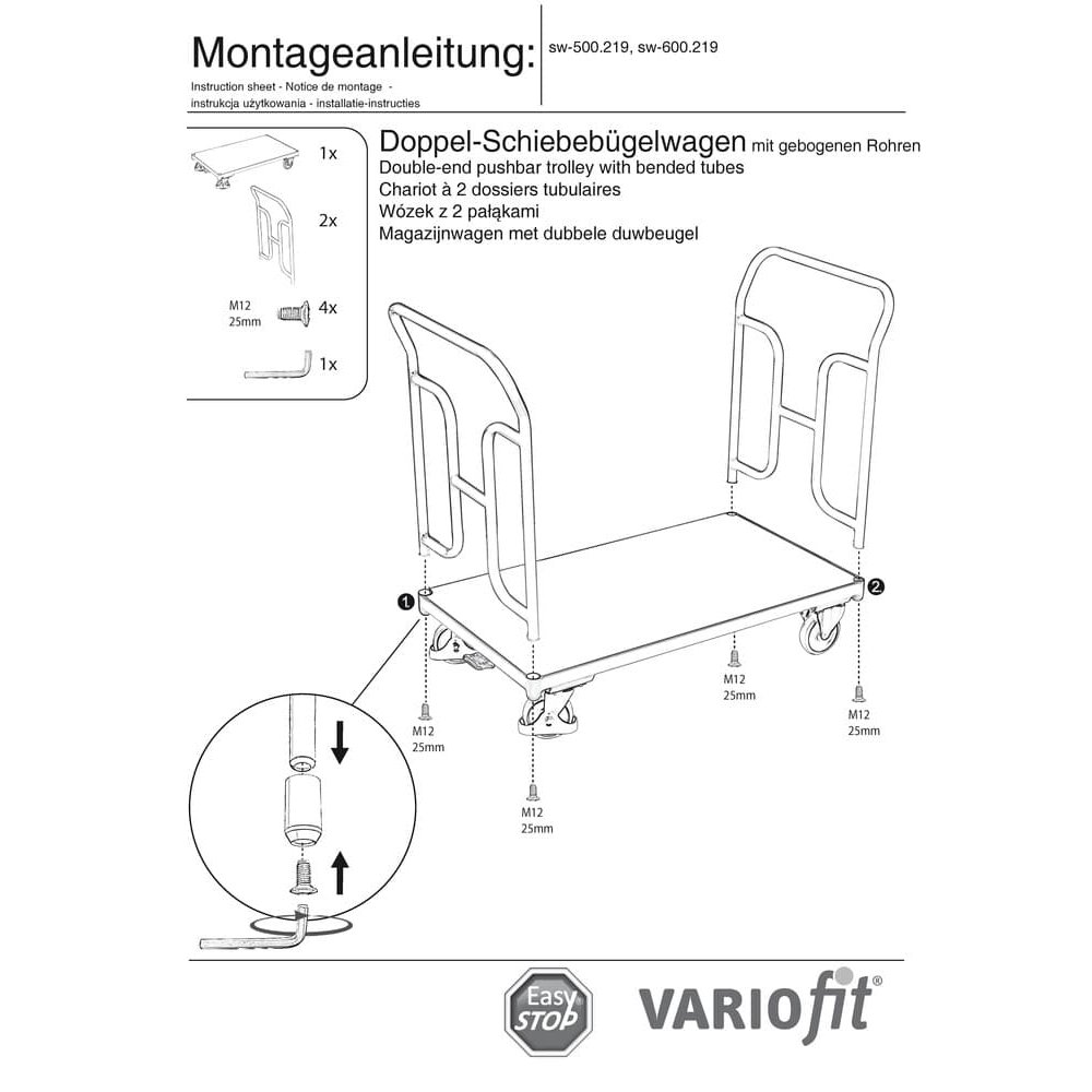 Kétszeres tolókaros kocsi 250 kg Típus M + EasySTOP-0