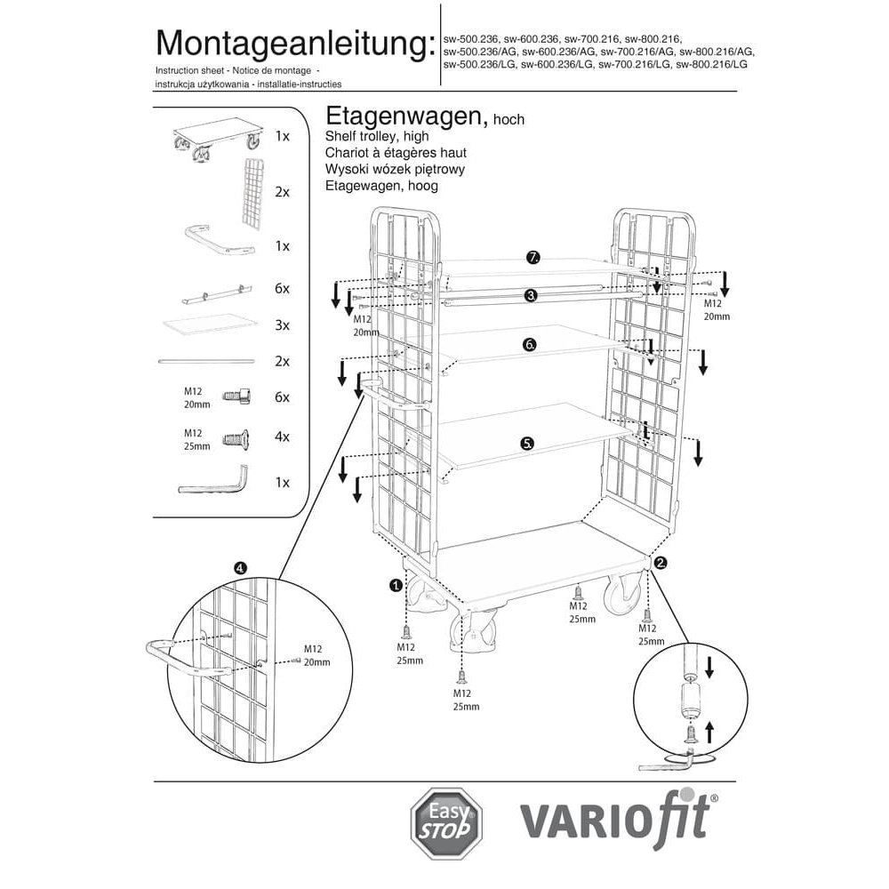 Csomagszállító kocsi 2 rácsfallal + 4 polccal 400 kg teherbírás Típus S + EasySTOP-1