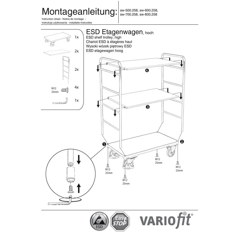 Magas ESD emeletes kocsi 3 polccal Típus S + EasySTOP-0