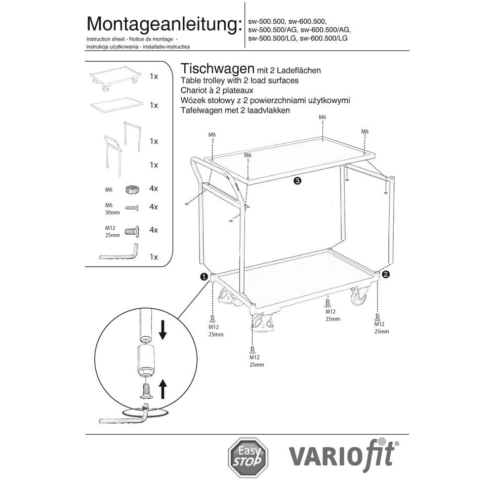 Asztalkocsi 250 kg 2 rakfelülettel magas tolófogantyúval M típus + EasySTOP-0