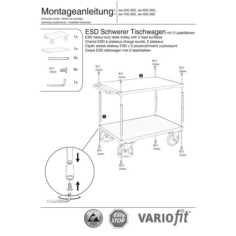 Nehéz ESD asztali kocsi 2 rakfelülettel Típus S + EasySTOP-0