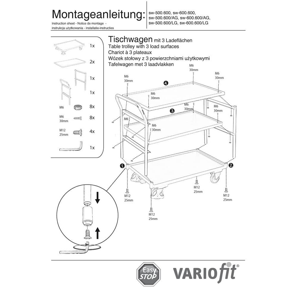 Asztalkocsi 250 kg 3 rakfelülettel magas tolófogantyúval M típus + EasySTOP-0