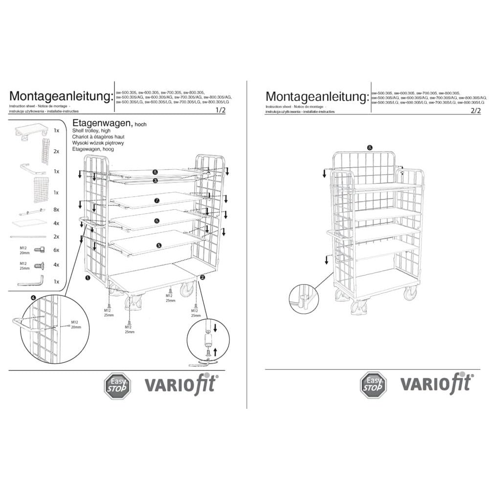 Magas háromoldalú kocsi csomag 5 polccal, 500 kg teherbírás, M típus + EasySTOP-0