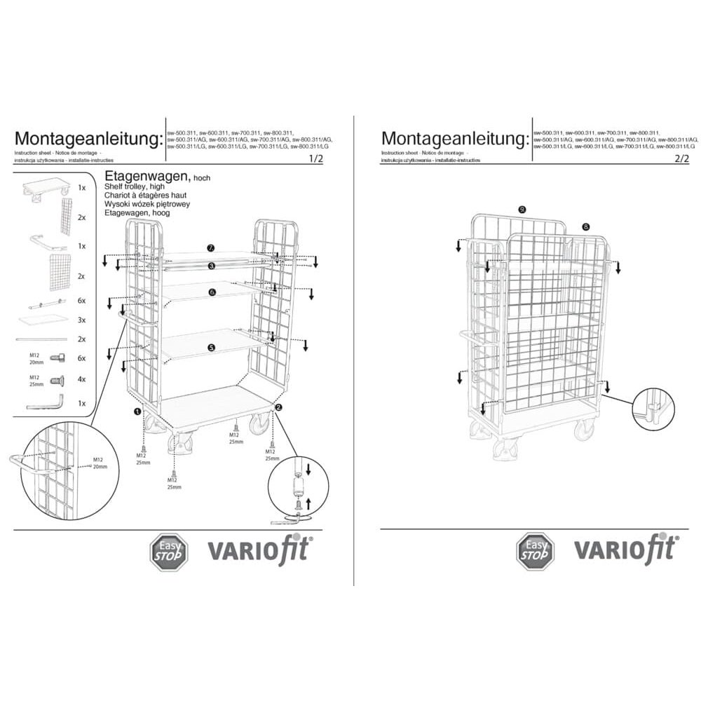 Paket-Négyoldalú kocsi magas, 3 polccal, M típus + EasySTOP-0