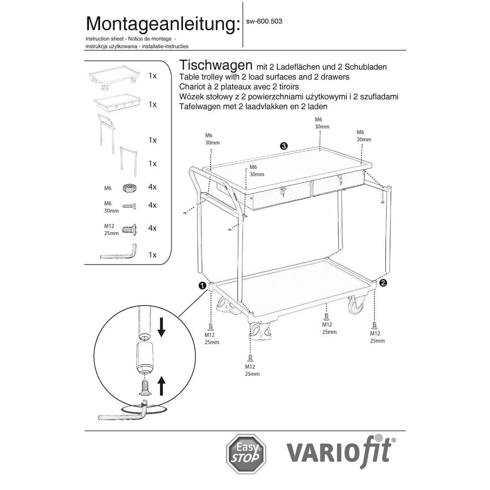 Asztalkocsi 250 kg 2 zárható fiókkal, magas tolókarral + EasySTOP-0