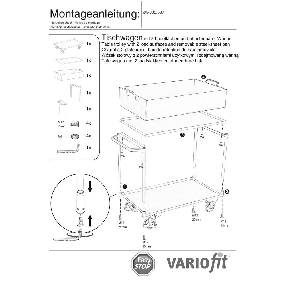 Asztalkocsi 2 szinttel és levehető acéllemez tállal + EasySTOP-0