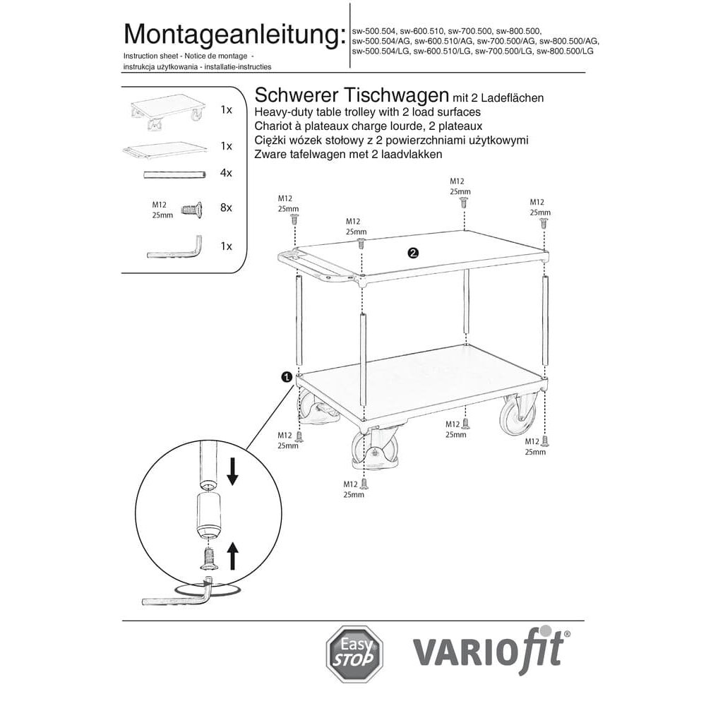 Nehéz asztali kocsi 500 kg 2 rakodófelülettel Típus M + EasySTOP-0