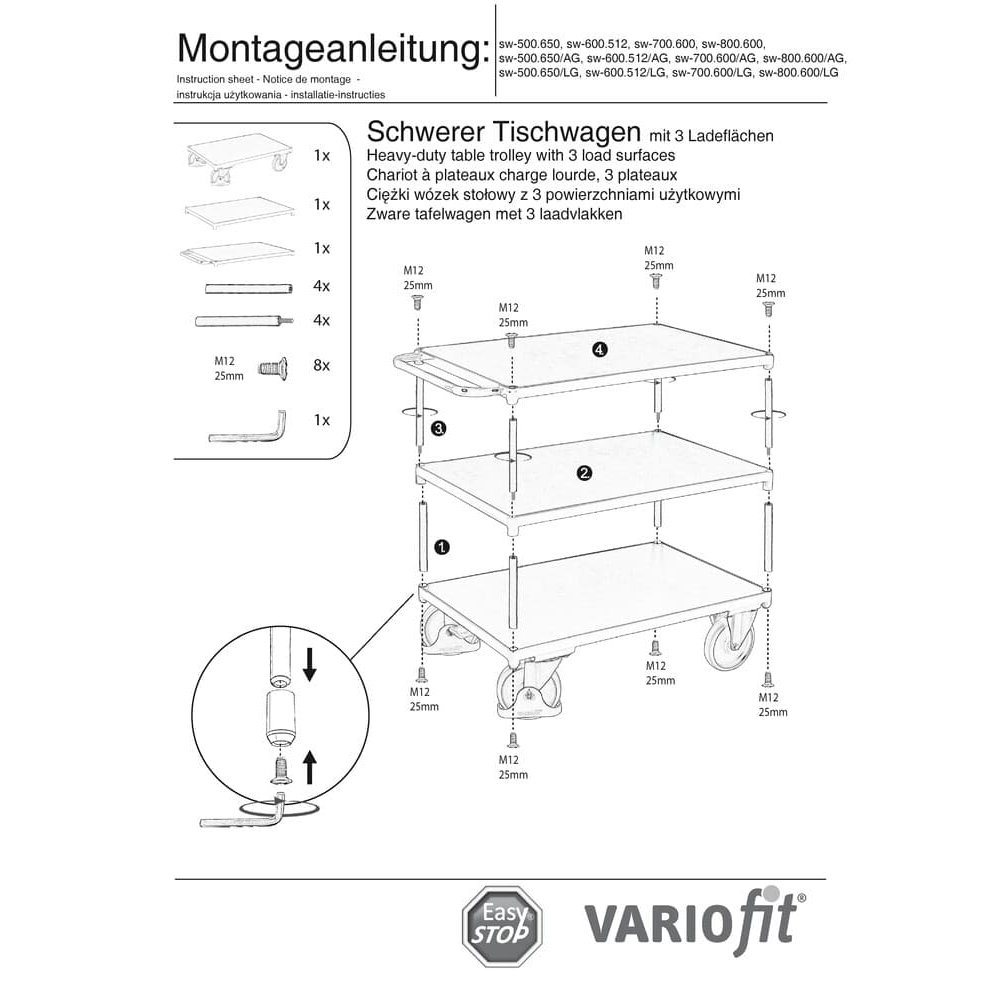 Nehéz asztalkocsi 500 kg teherbírással 3 rakodófelülettel, M típus + EasySTOP-0