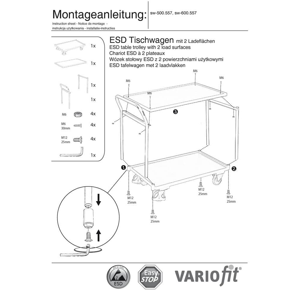 ESD asztali kocsi 2 rakodófelülettel, L típus + EasySTOP-0