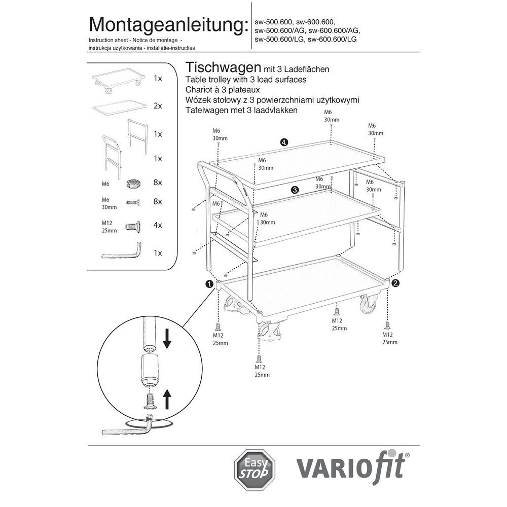 Asztal kocsi 250 kg 3 rakodófelülettel, magas tolókarral, L típus + EasySTOP-0